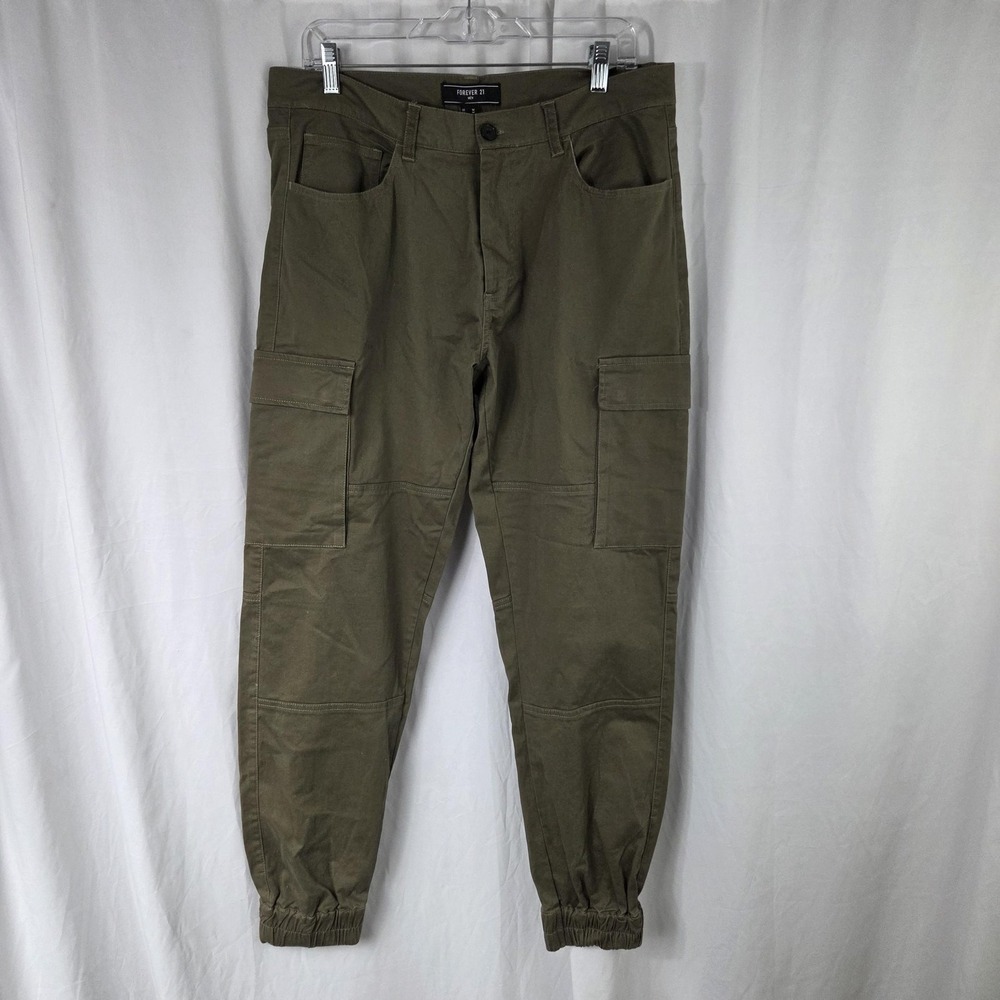 Forever 21 Pants Mens Medium Green Canvas Cargo Joggers Stretch Pockets Casual